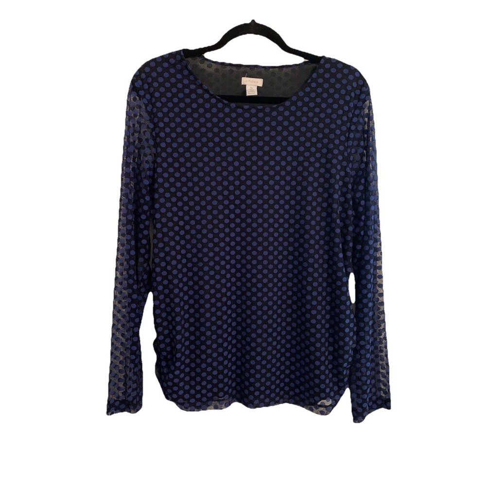 Chicos Size 3 Womens XL Polka Dot Long Sheer Sleeve Blue Black Lined Ruched Side